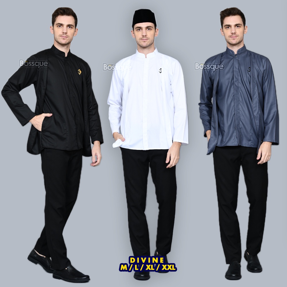 Bossque - Divine Kemeja Muslim Pria Hem Koko Formal Kantor Lengan Panjang Hitam Polos Putih Basic