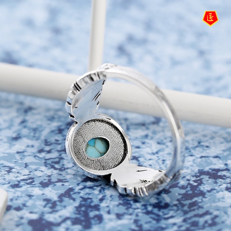 [Ready Stock]Luxury Inlaid Turquoise Feather Silver Ring