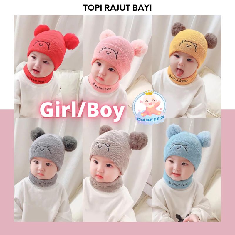 Topi Rajut Pom2 BEAR Kupluk Bayi Cowok Cewek Lucu