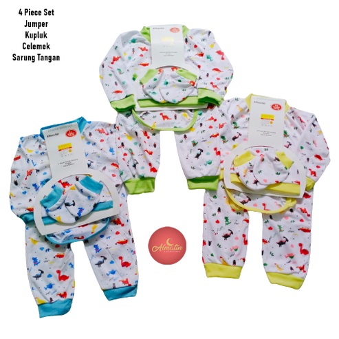 4 IN 1 Jumper SET Bayi Slaber Topi dan Sarung Tangan/Sleepsuit Bayi Jumsuit