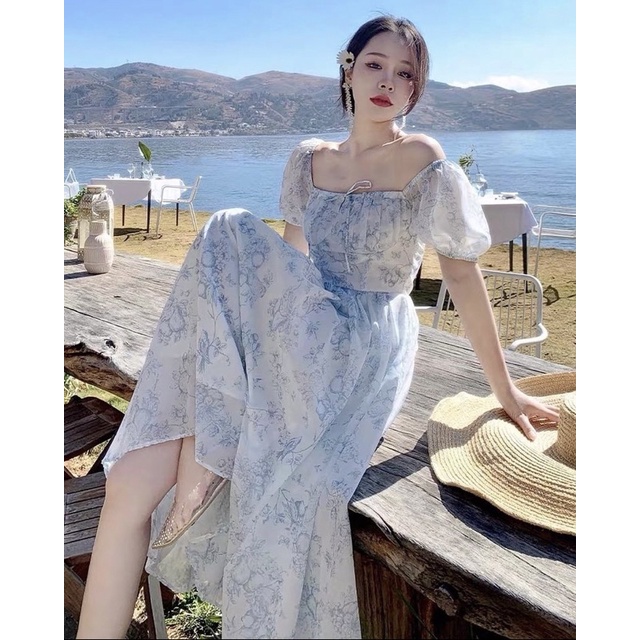 Kanza Dress Korean Vintage Casual Sabrina Karet Sexy Blue Maxi Prewedd Floral Korea Look Bunga Flowe