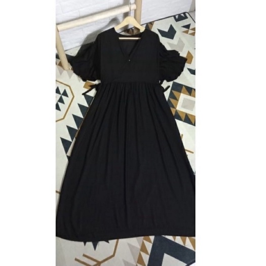 Daster Kimono rayon, Daster Kimono Polos , Daster Kimono Ruffle , Daster Kimono panjang , Homewear , Home Dress , Baju Wanita , Dress Wanita-HITAM