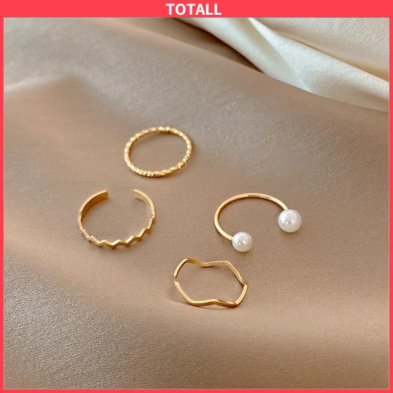 COD 4 Pcs/set Korea Cincin Emas Untuk Wanita Sederhana Mutiara Elegan Cincin Set Dapat Disesuaikan Terbuka Perhiasan Hadiah-Totall