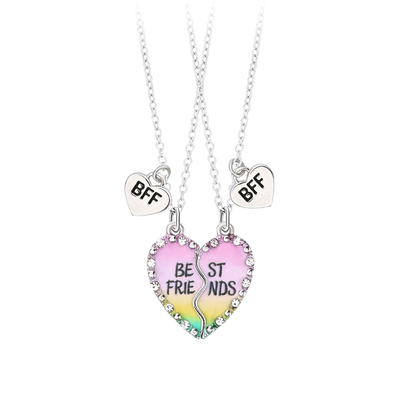 2pcs / Set Kalung Rantai Liontin Hati Motif Tulisan Best Friends Aksen Berlian Imitasi Untuk Wanita