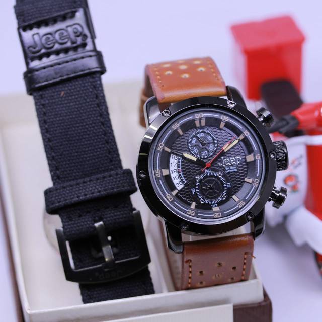 New Jam Tangan Pria Jeep Crono Aktif Tali Kulit Coklat Muda Free Tali Canvas