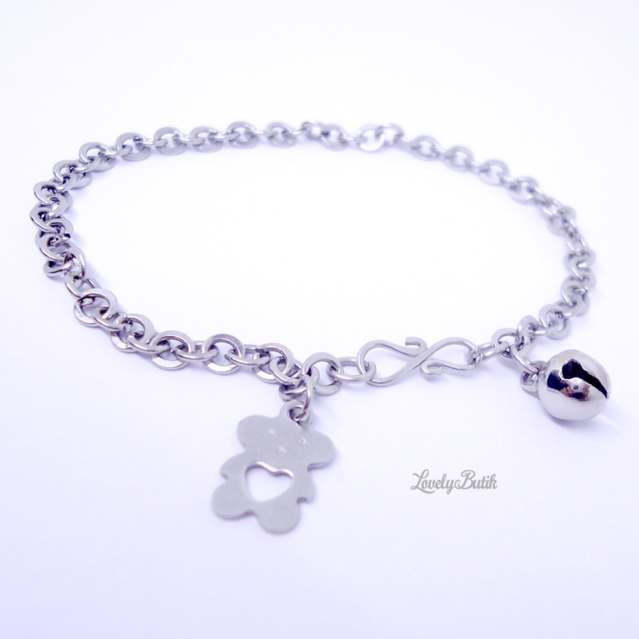 Lovelybutik Gelang Kaki Bayi Bear Monel Krincing Baby 0-2 Tahun Krincingan Baja Putih Stainless Steel