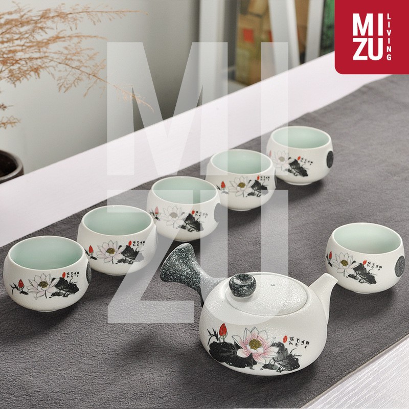 LOTUS Classic Chinese Tea Pot SET 6 Cups Textured Ceramic With Gift Box Teko 6 Cangkir Teh Keramik