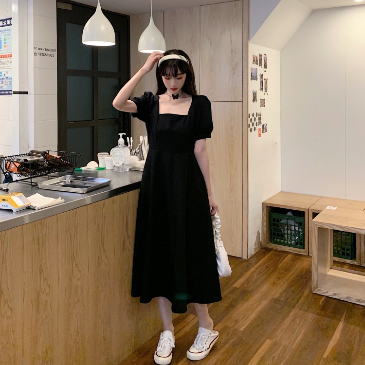 Korea style dress lengan pendek Gaun midi a-line hitam minimalis fashion