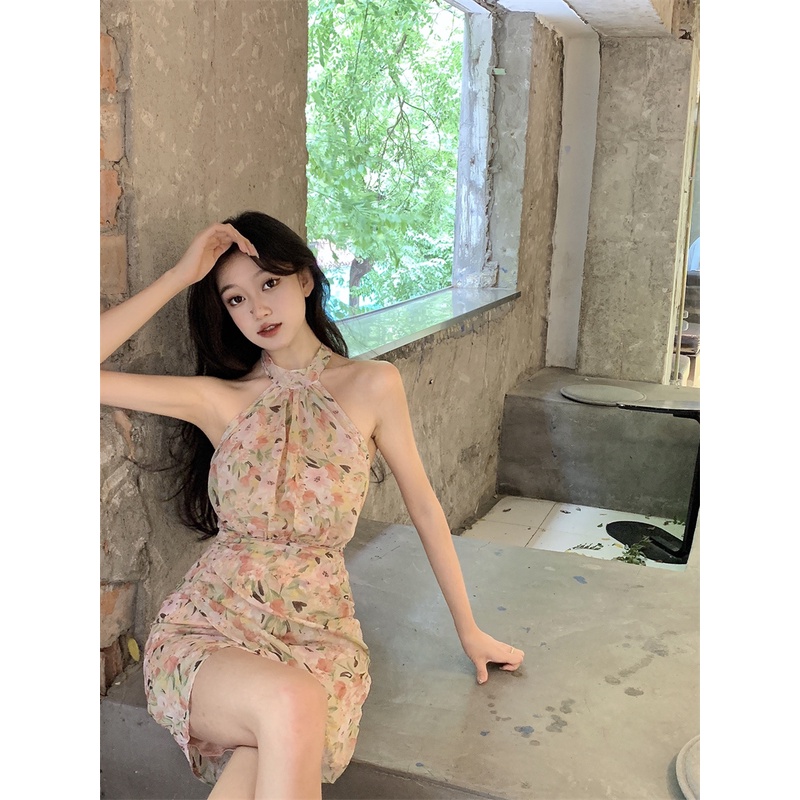 Suhao sweet hot girl floral halter dress peri musim panas tanpa lengan high-end backless sexy chiffo