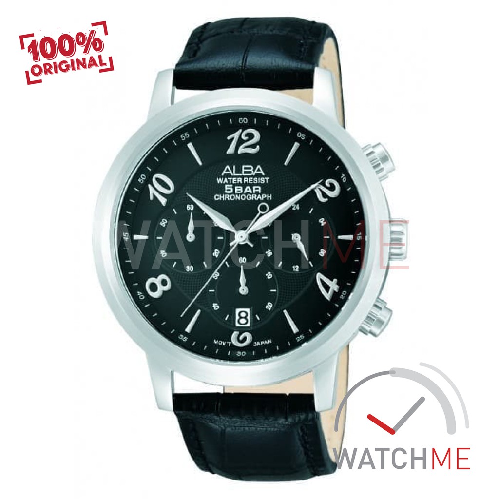 Jam Tangan Pria Alba Analog AT3411X1 Chronograph Black Dial 50m Leather Strap Ori Garansi Murah