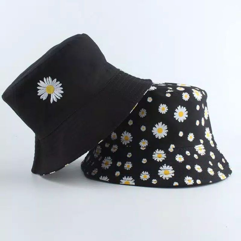 Topi Bucket Dua Sisi Anti Uv Motif Bordir dan Sablon Bunga Daisy Bahan Drilll / Daisy 002-Hitam Bunga Anak