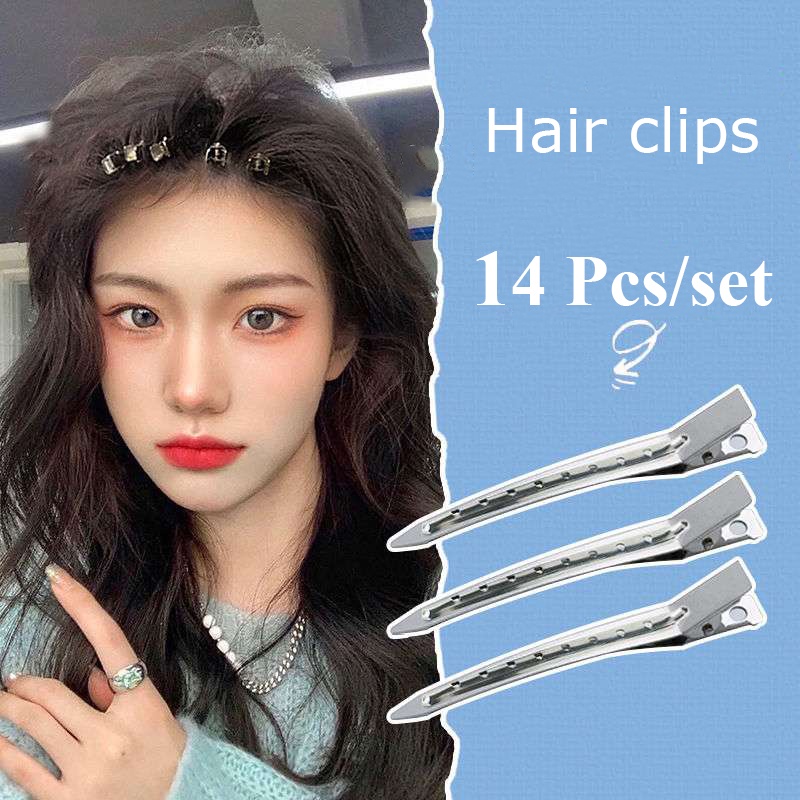 14pcs / Set Jepit Rambut Duckbill 8 Lubang Bahan Metal Ukuran 9cm