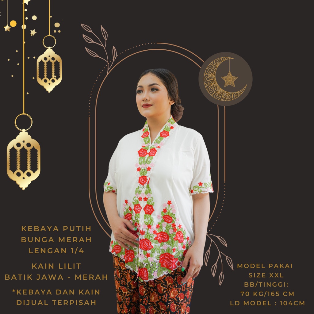 Kebaya Encim Putih Bunga Mawar Merah MALIKA - Baju Atasan Ncim Modern Bordir Bunga