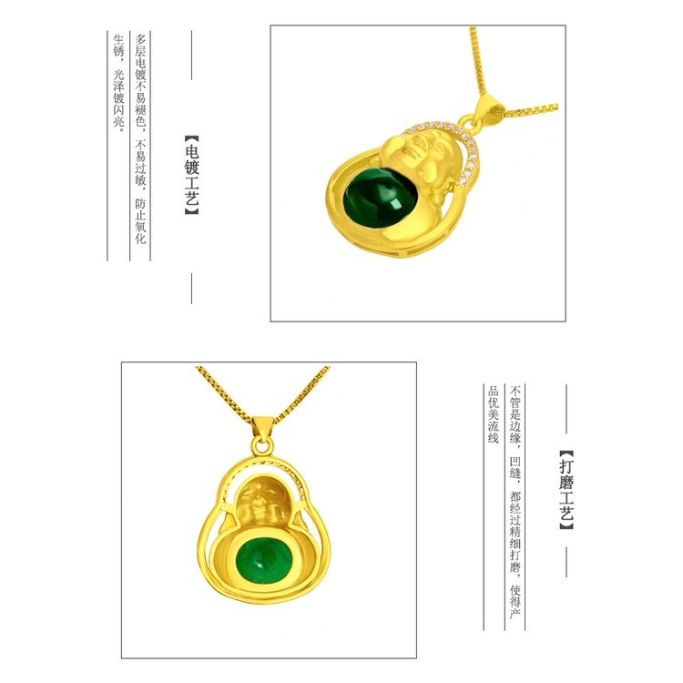 Kalung Liontin Giok Maitreya Buddha Emerald Berlian Emas Asli Kadar 375 Lapis Emas Untuk Wanita