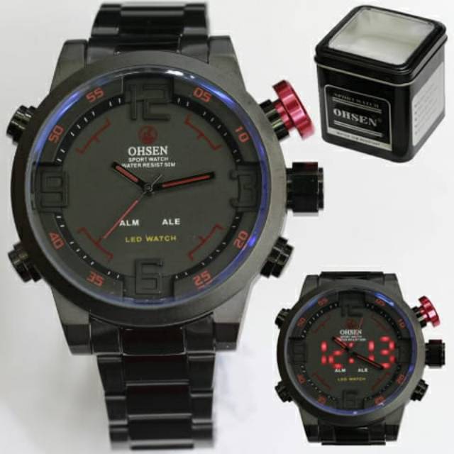 JAM TANGAN PRIA OHSEN ORIGINAL AD1608 BLACK STAINLESS CHAIN WATERRESIST DUALTIME PLUSBOX
