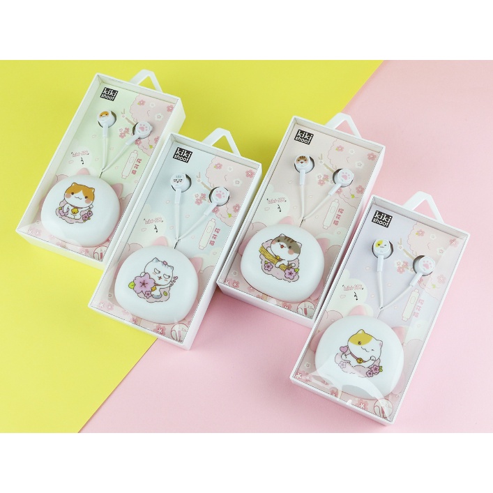 [KIKI-353] Set Headset Earphone SAKURA CAT / Wadah Earphone Kartun KUCING dengan Bunga SAKURA