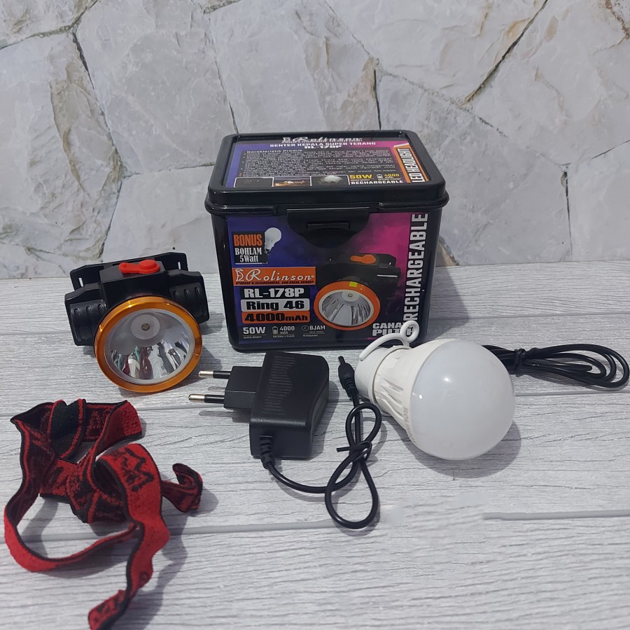 Senter Kepala LED 50 Watt Bonus Bohlam 5 Watt Ring 46 Cahaya Putih ROLINSON PROFESSIONAL HEADLAMP RL-178P mitsuyama