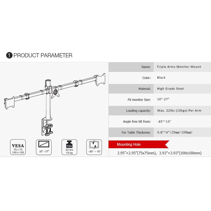 Triple W Triple Monitor Bracket Stand 3 Clamp Mount Arm Breket LED LCD