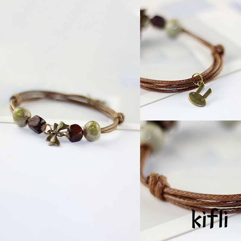 Gelang Tangan Tali Woven Aksen Manik-Manik Keramik Untuk Wanita (KD)