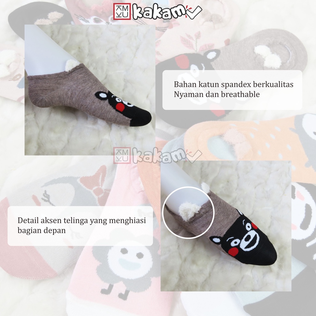 Kakamu Paket Kaos Kaki Invisible / Balet / Dibawah Mata Kaki Motif Karakter 3D Aksen Telinga Mix 12pcs