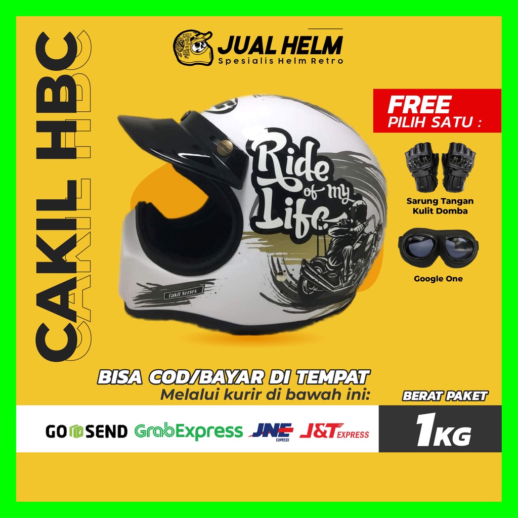 Helm Cakil HBC Ride Of My Life White ( Fullface / Retro / Klasik / Vespa )