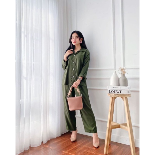 BELLE ONE SET / SETELAN RAYON DAILY ONE SET BAJU SETELAN WANITA KEKINIAN-ONESET(ARMY POLOS)