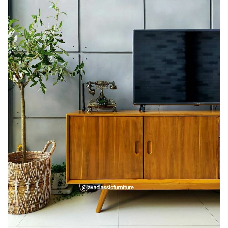 BUFET TV CABINET RETRO MINIMALIS VINTAGE CUSTOM PANJANG 2 METER BUFFET DRAWER PAJANGAN RUANG TAMU NATURAL MURAH BAHAN KAYU JATI GRADE A FURNITURE JEPARA-1