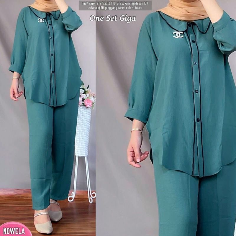 GIGA SET CRINKLE AIRFLOW POLOS LD 110  / GIGA  SETELAN CRINKLE TERBARU / CRINKLE WANITA LIS KANCING TERBARU / SETELAN CELANA KULOT / One Set Setelan Plus Celana Panjang Fashion Muslim Wanita Modern / Citayan Fashion Week / Izdihaar Olshop