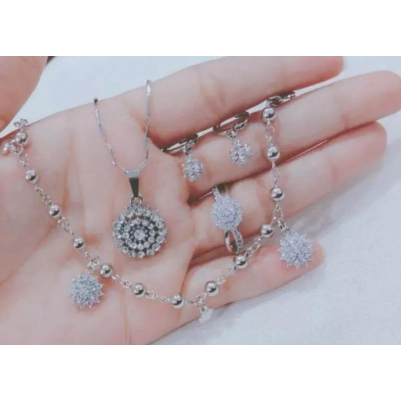 FULL SET PERHIASAN WANITA DEWASA TITANIUM 052 ANTI KARAT LAPIS EMAS PUTIH