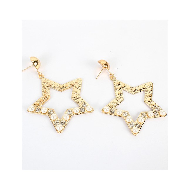 LRC Anting Tusuk Fashion Golden Hollow Stars And Diamond Earrings K44371