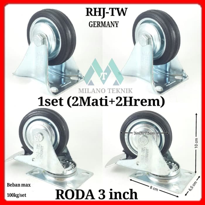 Roda Troli 3&quot; (2 Hidup Rem + 2 Mati) Roda Karet Etalase Gerobak 3inch