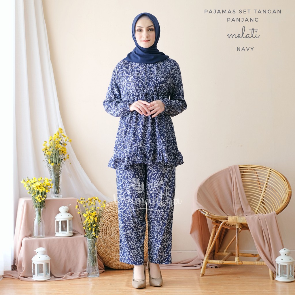 vSamantha - Pajamas Set / Piyama Set Muslim Rayon Rempel Busui Friendly - Tangan Panjang-Melati Navy
