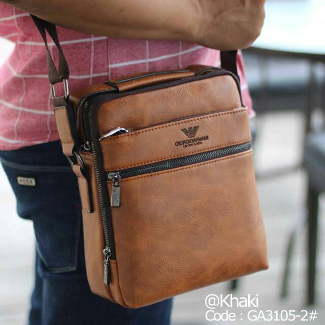 Tas Selempang Pria Giorgio Armani Bahan Kulit Semi Ori Slingbag Impor Murah Warna Coklat dan Hitam
