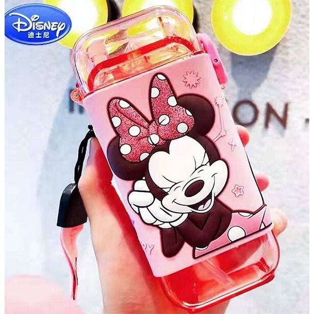 DISNEY Botol Minum Anak Unik dengan tali dan sedotan /  ORIGINAL Disney water bottle Elsa Mickey donald Cars / Botol Minum Anak disney-Minnie pink