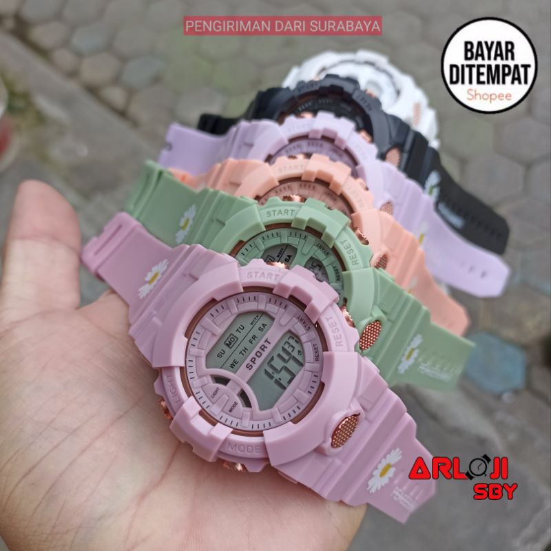 JAM TANGAN WANITA SPORT BUNGA DAISY DIGITAL STRAP RUBBER BUNGA BULAT TERMURAH