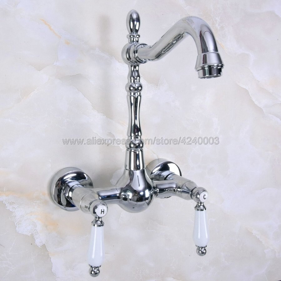 Polished Chrome Wall Mounted Kitchen Faucet Dual Handles Bathroom Kitchen Sink Mixer Tap With Shopee Indonesia