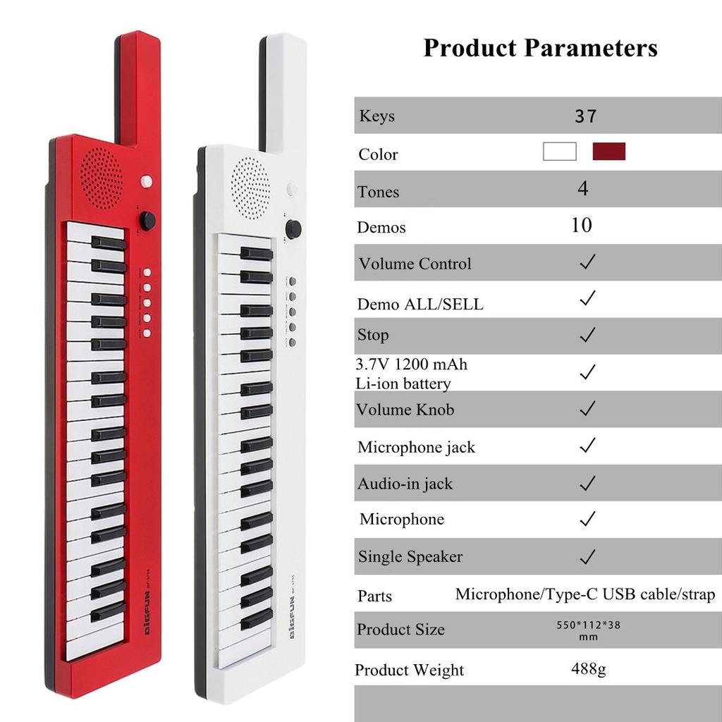 Mainan Alat Musik Piano 37 Nada Mini 2 Warna Dengan Strap Bahu + Mikrofon Untuk Anak