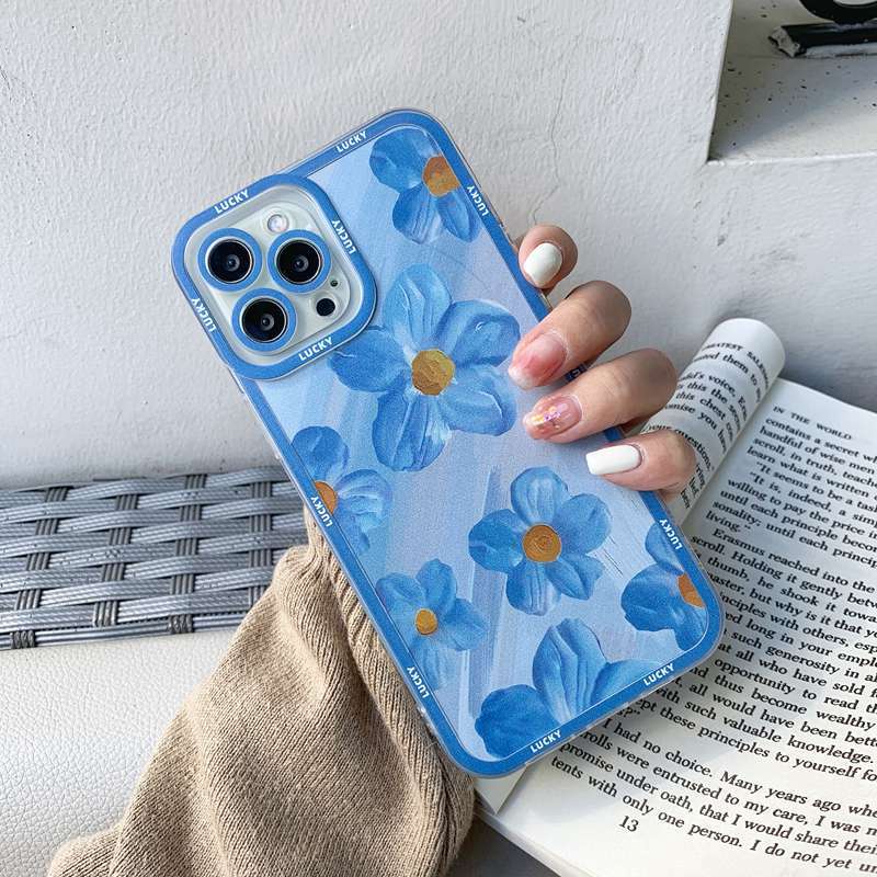 Blue Oil Painting Flowers Soft Case iP iPhone 11 12 13 Pro Max 6 6S 7 8 + Plus X XR SE 2020 XS Max Casing