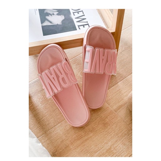 IDEALIFESHOES TOKO SANDAL WANITA IMPORT TERBARU MODEL SLIP ON BERTULISAN BRAVE  WARNA PINK DAN PUTIH BAHAN PVC KARET ANTI SLIP