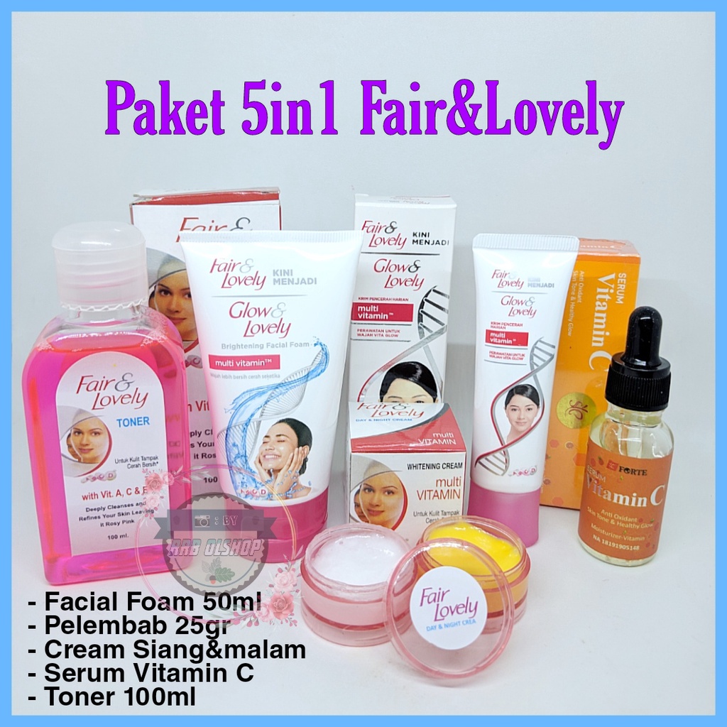 Paket 5 in 1 Fair And Lovely - Cream Siang Malam - Pelembab - Facial Foam 50gr -Bedak Fair &amp; Lovely Plus Serum Vitamin C Orange Original BPOM