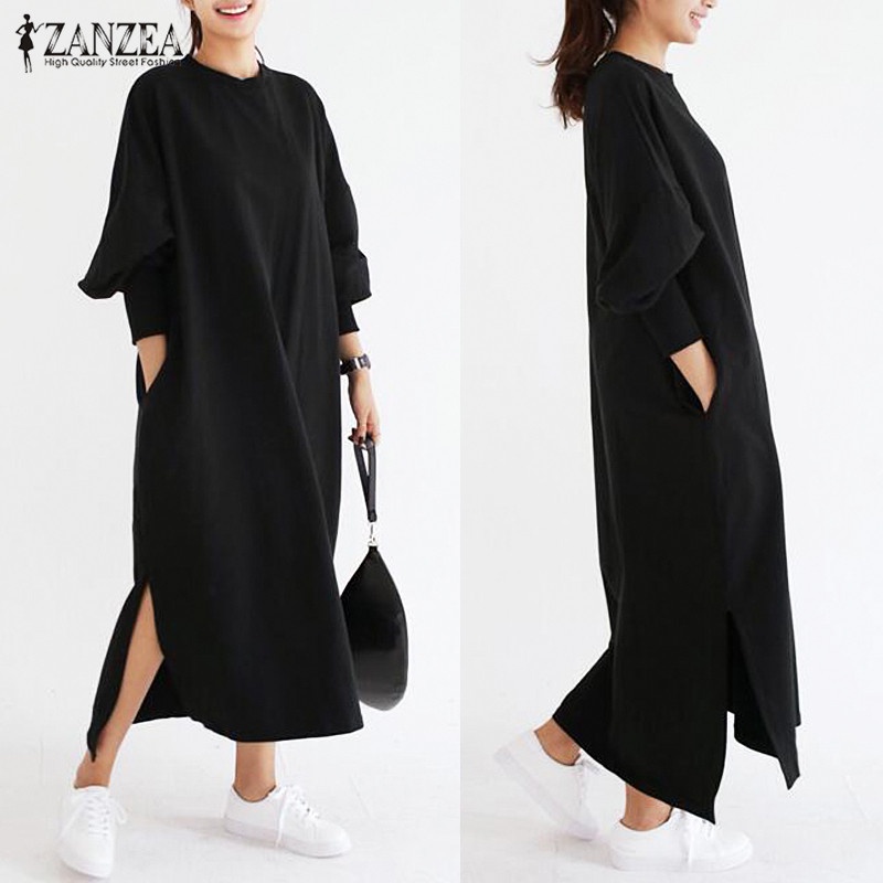 Zanzea Women Crew Neck Long Sleeve Side Pockets Split Loose Style Full Length Dress
