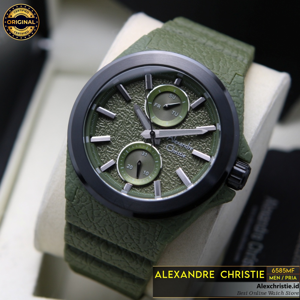 Jam Pria Alexandre Christie AC 6585 MF Green Rubber Chronograph Original