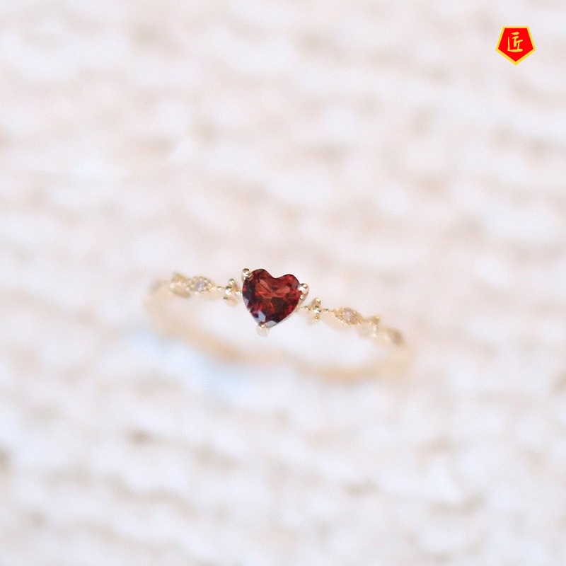 [Ready Stock]Women's Fashion Heart-Shaped Ruby Ring 14K Gold