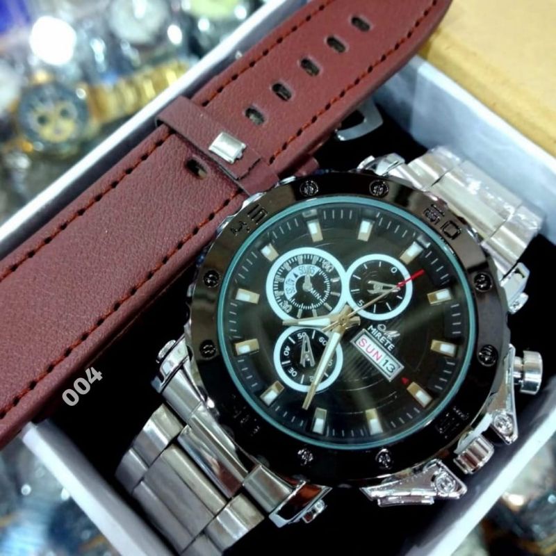 JAM TANGAN PRIA MIRETE 2 TALI RANTAI STAIN LIS WATER RESISTANT 3 ATM Jam Tangan Pria Mirete Dua Tali Fitur Tanggal Hari Aktif  / Jam Tangan Kasual Pria Analog Quart Import / Jam Tangan Pria Tahan Air MIRETE ORIGINAL FREE BOX DAN TALI