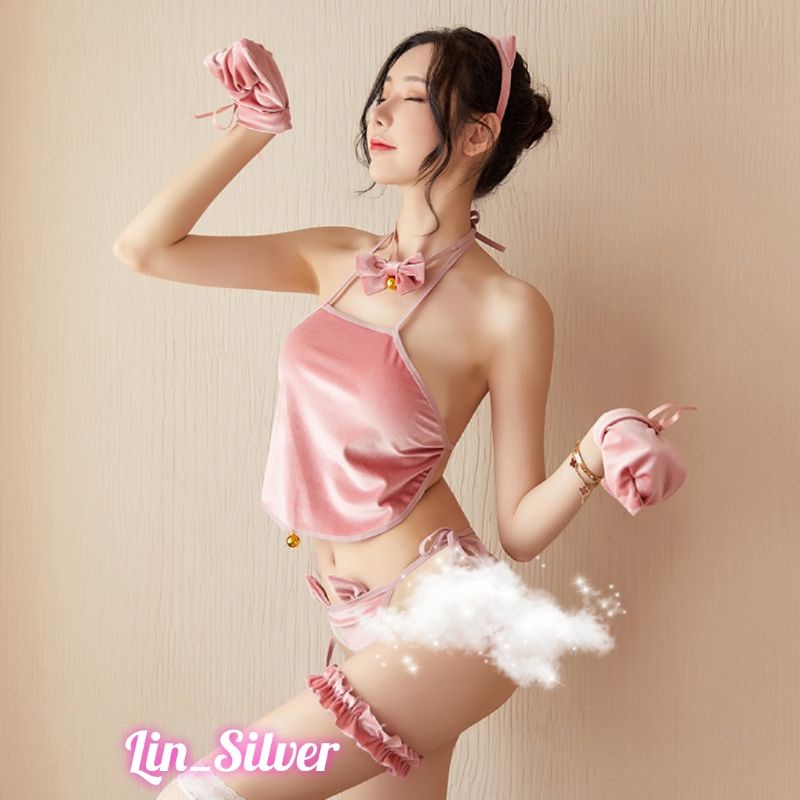 Lingerie Cosplay Kostum Kucing Cat Wanita Seksi Cantik Beludru Premium