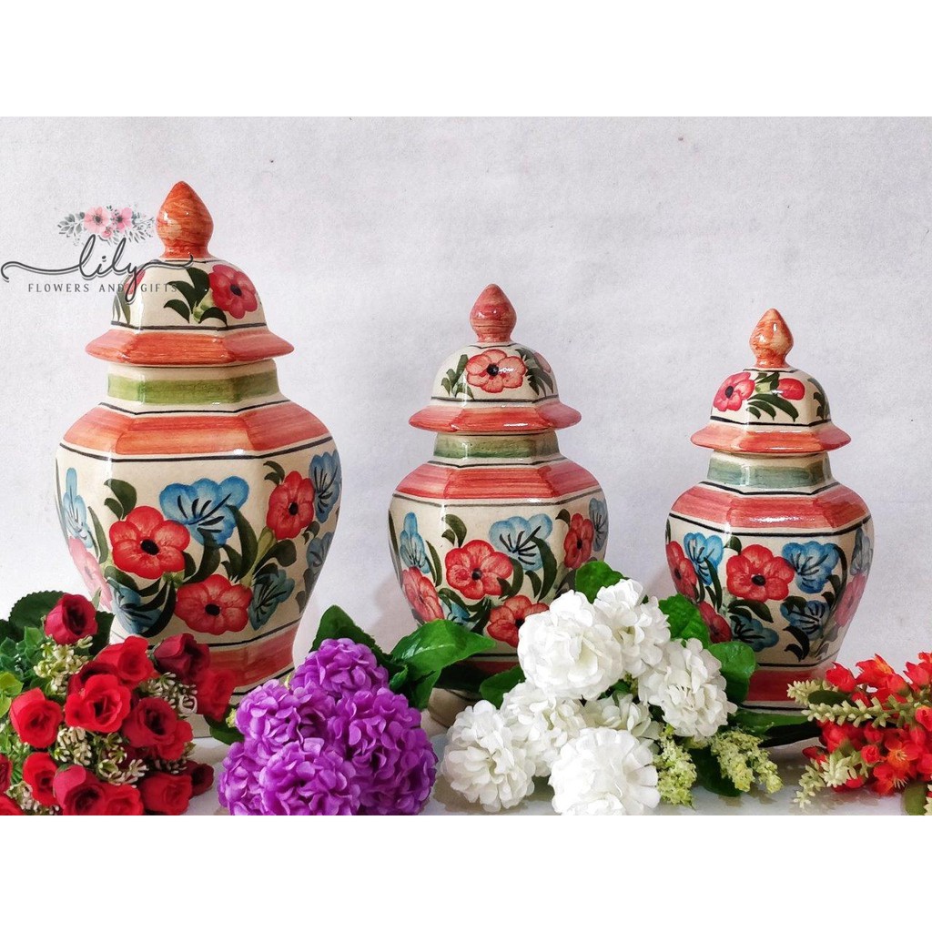 Pot / Vas / Guci Hias Bunga Keramik Tanaman Dekorasi Meja Rumah Kantor Guci Segi Home Decor Full set