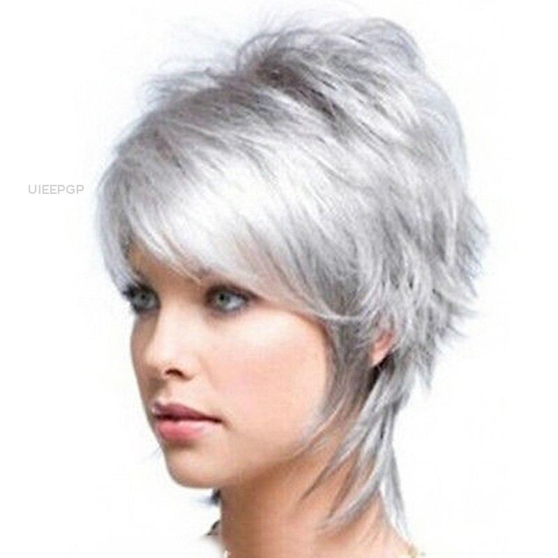 Women Short Silver Gray Grey Hair Synthetic Natural Full Wig Heat Resistant