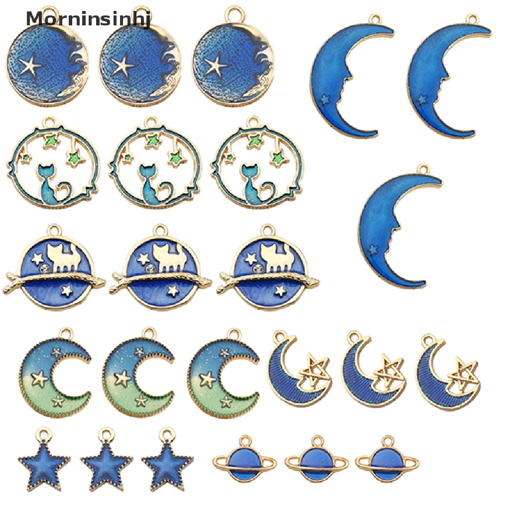 Mornin 24Pcs /Set Enamel Kucing Bulan Bintang Bumi Planet Charms Liontin DIY Membuat Perhiasan id