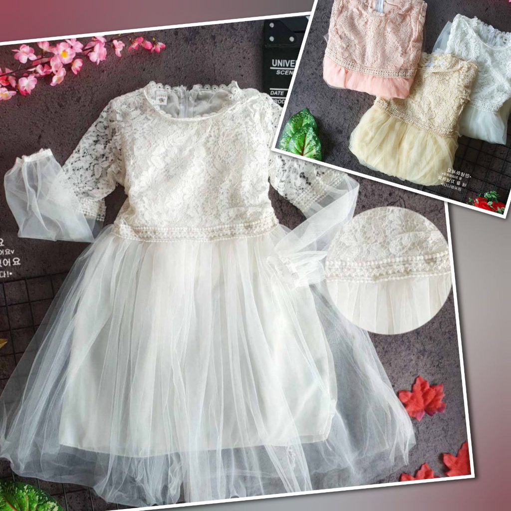 Dress Gaun Anak Import Brokat Kombinasi Tile Lengan Panjang 6-8 tahun