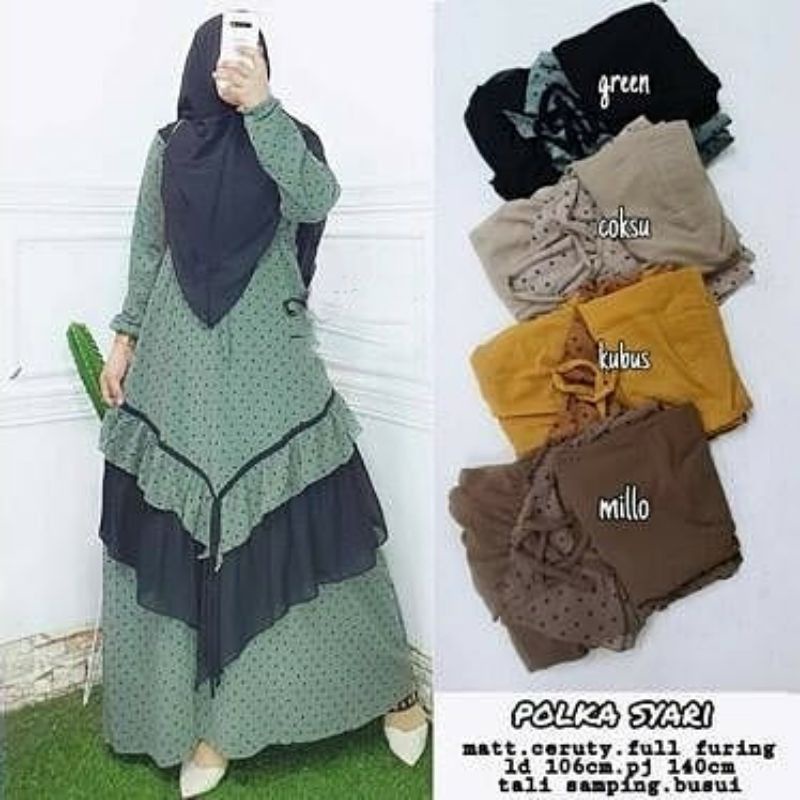 Baju Gamis wanita Lebaran Terbaru 2021 Polka Syari Bahan Ceruty motif Polkadot   L XL Tali Pinggang
